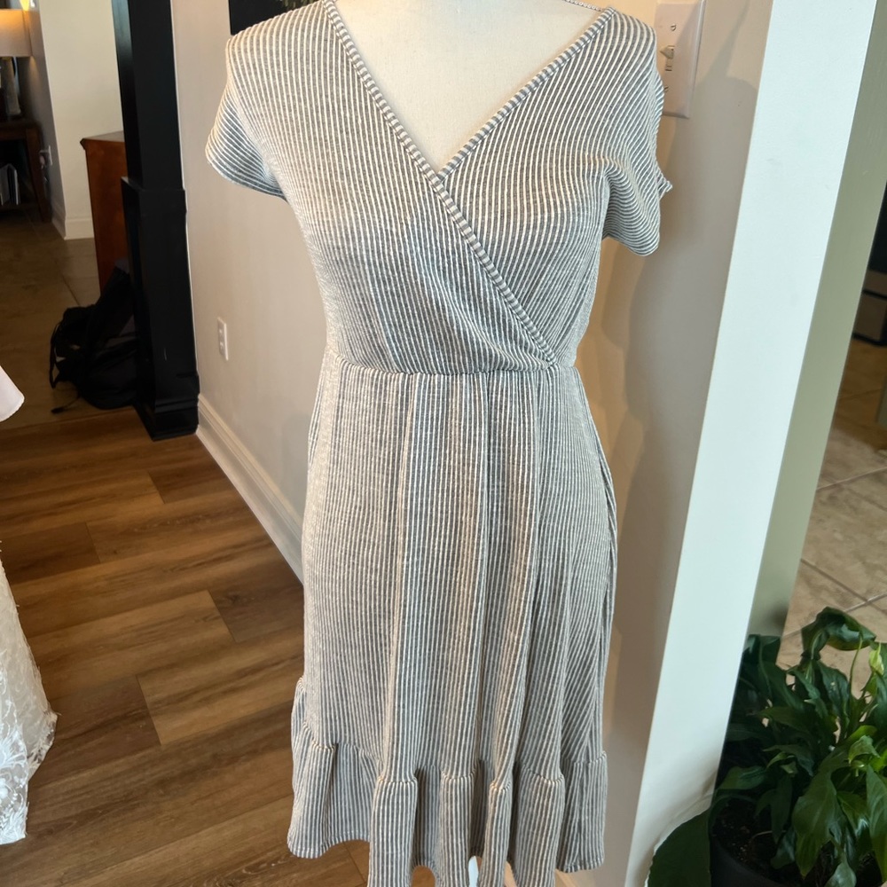 White and Grey Vertical Stripped Dress